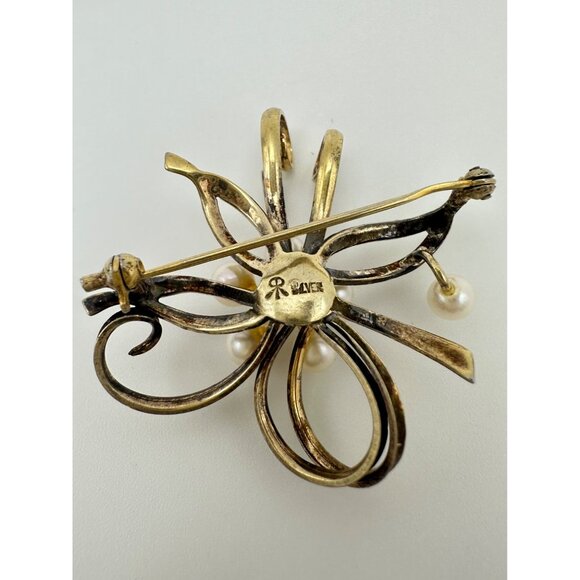 RR vintage sterling silver gold vermeil real freshwater pearls ribbon brooch pin - Picture 6 of 8